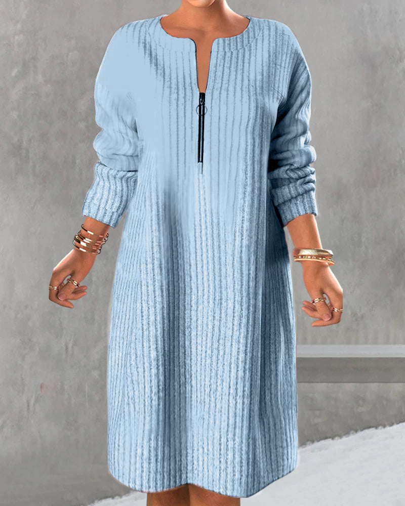 Damen Strickkleid lang mit Reißverschluss | Locker geschnittenes Langarmkleid mit Rundhalsausschnitt für Alltag und Büro