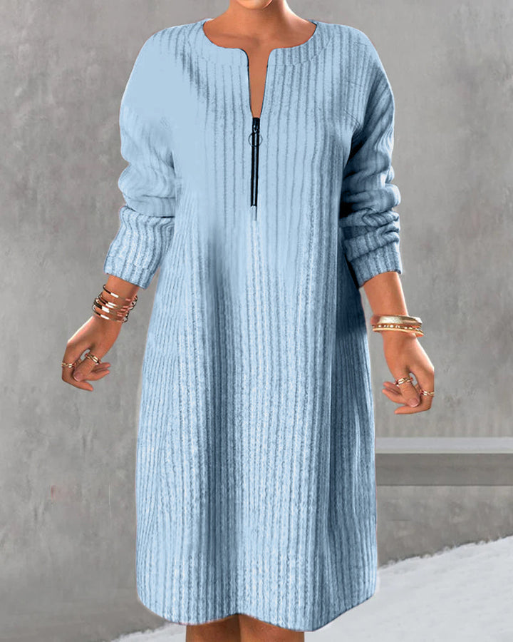 Damen Strickkleid lang mit Reißverschluss | Locker geschnittenes Langarmkleid mit Rundhalsausschnitt für Alltag und Büro
