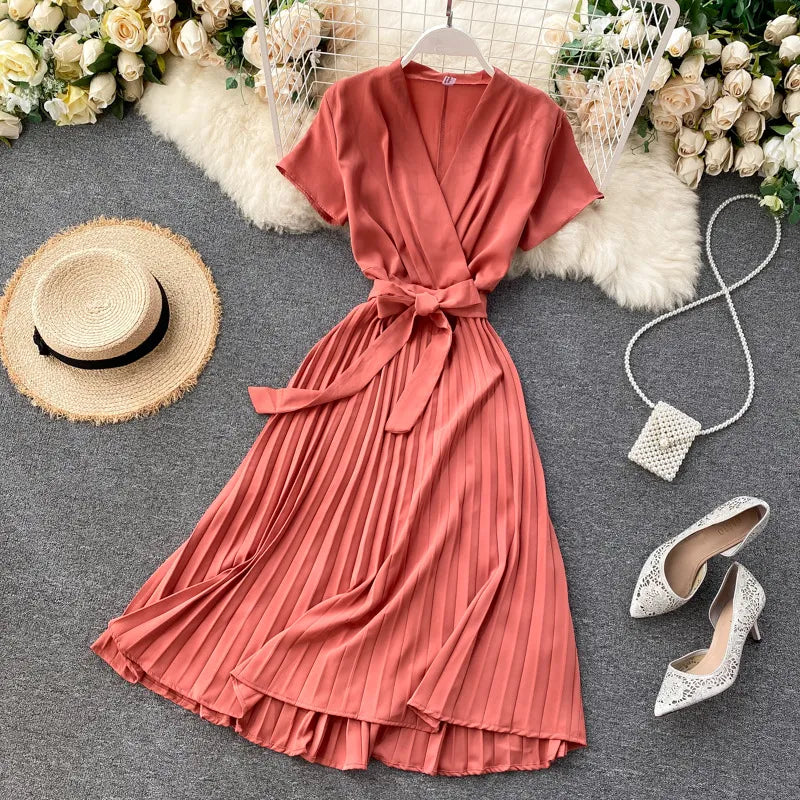 Damen Midikleid mit V-Ausschnitt &amp; Plissee-Design | Hohe Taille | Elegantes Kleid für Alltag, Freizeit &amp; besondere Anlässe