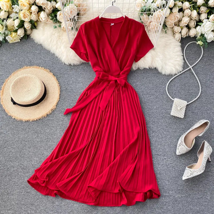Damen Midikleid mit V-Ausschnitt &amp; Plissee-Design | Hohe Taille | Elegantes Kleid für Alltag, Freizeit &amp; besondere Anlässe