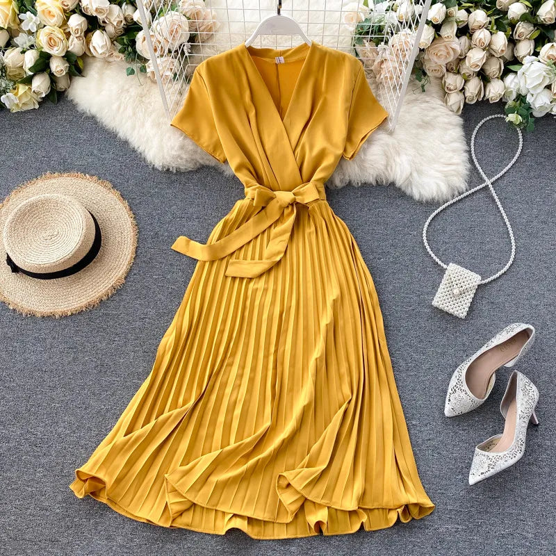 Damen Midikleid mit V-Ausschnitt &amp; Plissee-Design | Hohe Taille | Elegantes Kleid für Alltag, Freizeit &amp; besondere Anlässe