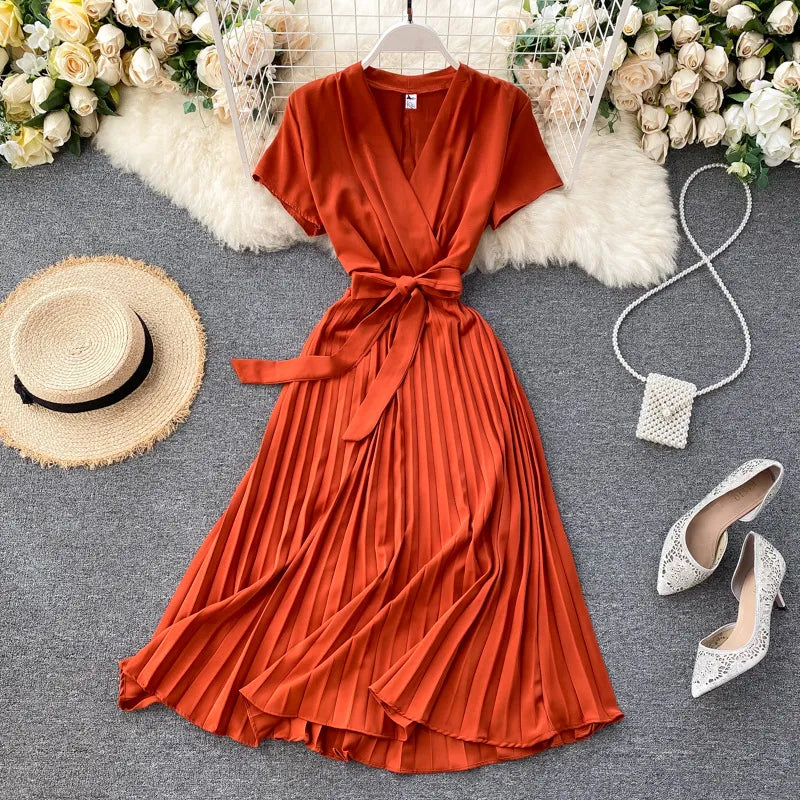 Damen Midikleid mit V-Ausschnitt &amp; Plissee-Design | Hohe Taille | Elegantes Kleid für Alltag, Freizeit &amp; besondere Anlässe