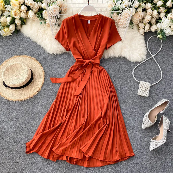 Damen Midikleid mit V-Ausschnitt &amp; Plissee-Design | Hohe Taille | Elegantes Kleid für Alltag, Freizeit &amp; besondere Anlässe