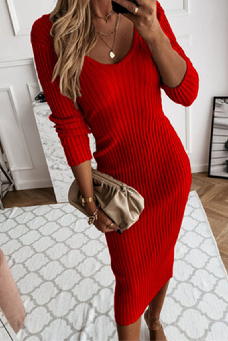 Damen Bodycon Midikleid aus Rippstrick | Figurbetontes Stretch-Kleid mit Midi-Länge | Einfarbig