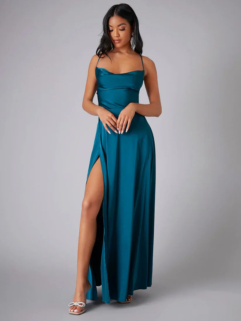 Maxi-Abendkleid Damen mit Drapé-Ausschnitt &amp; Spaghettiträgern | Offener Rücken mit Schnürung | Hoher Beinschlitz, S–XXL