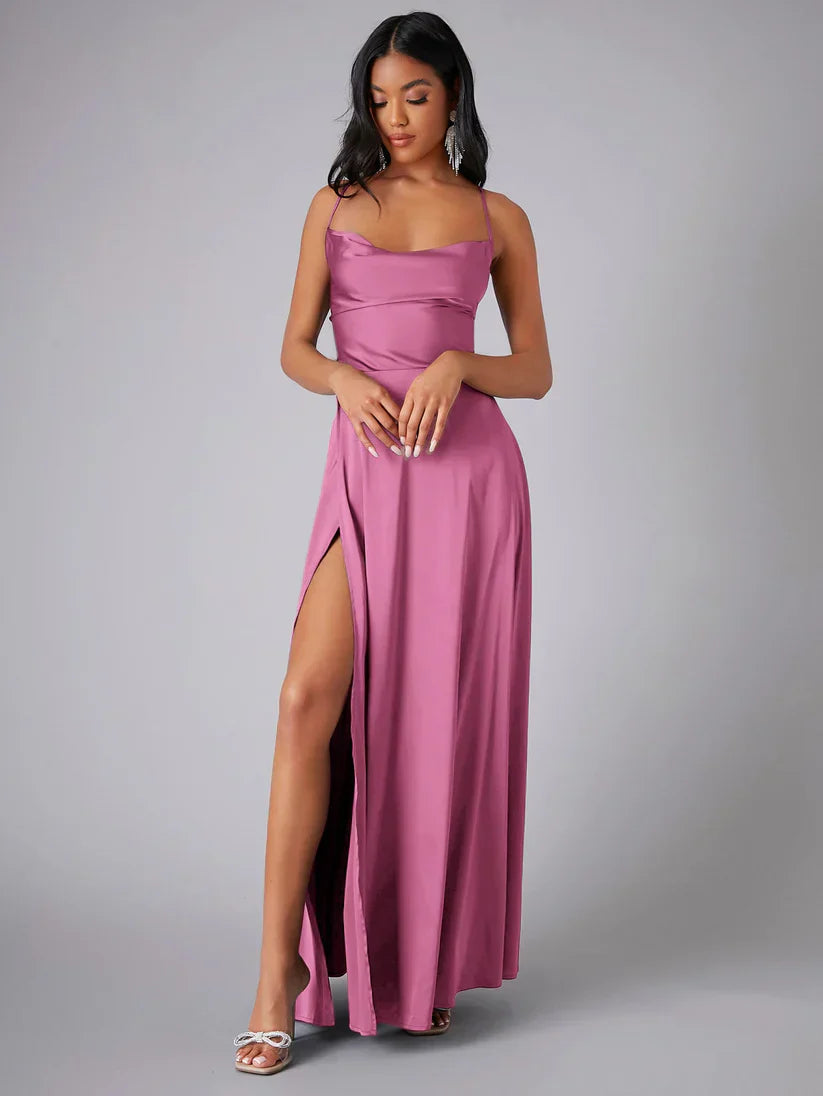 Maxi-Abendkleid Damen mit Drapé-Ausschnitt &amp; Spaghettiträgern | Offener Rücken mit Schnürung | Hoher Beinschlitz, S–XXL