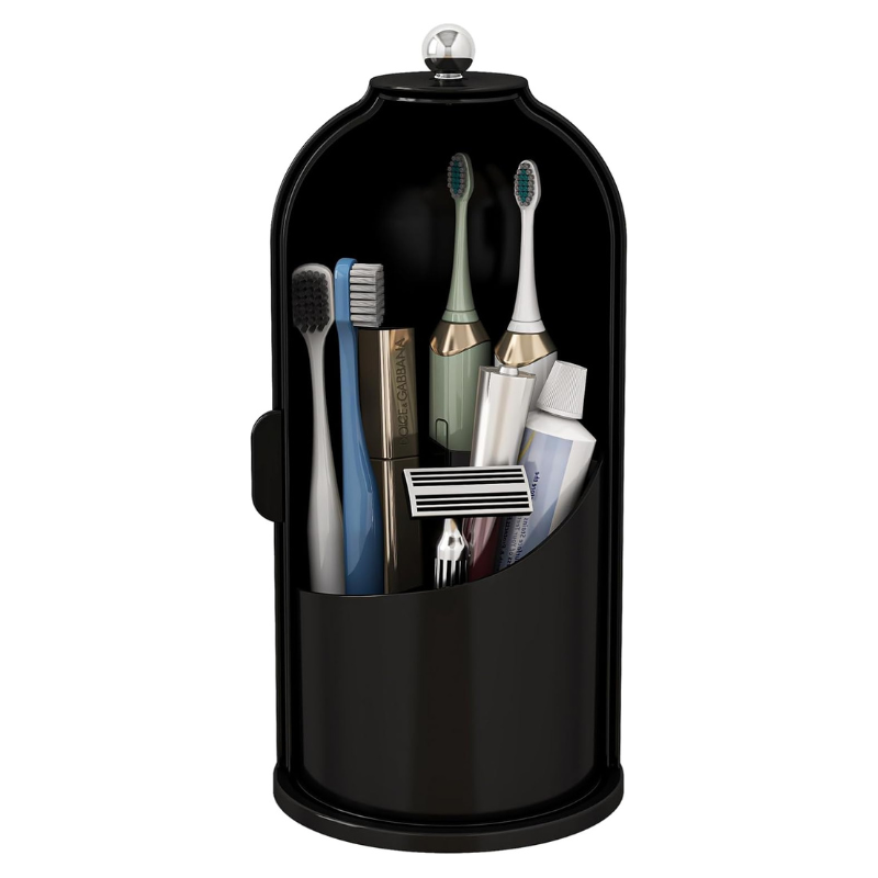 360° Drehbarer Bad Organizer mit Staubschutzdeckel | Kosmetik- &amp; Zahnbürstenhalter mit 3 Fächern | Badezimmer Aufbewahrung 27 × 13 × 27 cm