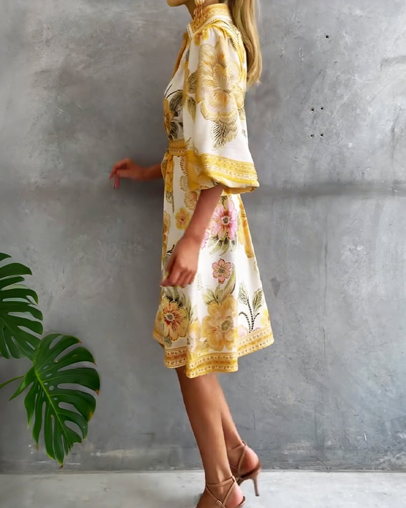 Damen A-Linien Kleid mit Print | Knielanges Kleid mit Reverskragen &amp; Laternenärmeln | Elegant für Frühling &amp; Sommer