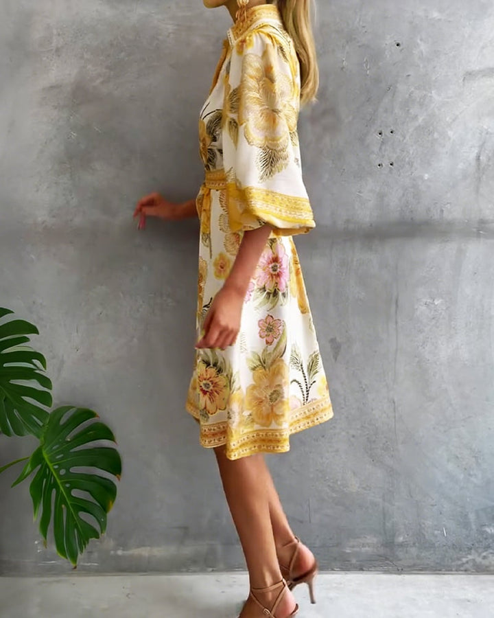 Damen A-Linien Kleid mit Print | Knielanges Kleid mit Reverskragen &amp; Laternenärmeln | Elegant für Frühling &amp; Sommer