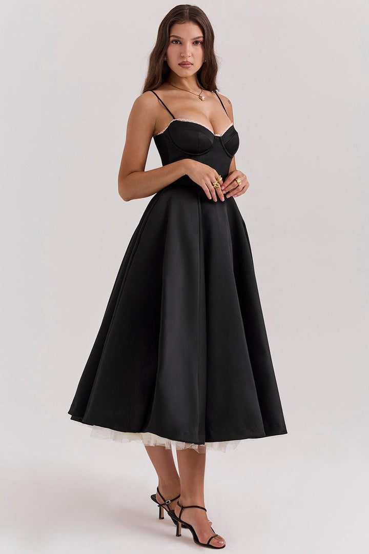 Damen Tüllkleid Elegant &amp; Feminin | Midikleid mit Verstellbaren Trägern | Romantisches Abendkleid für Hochzeiten &amp; Partys