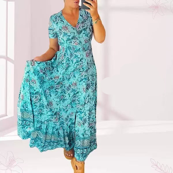 Schmeichelndes Sommerkleid aus Stretch-Baumwollmischung | V-Ausschnitt für feminine Linie | Bequem &amp; vielseitig | Größen XS–5XL