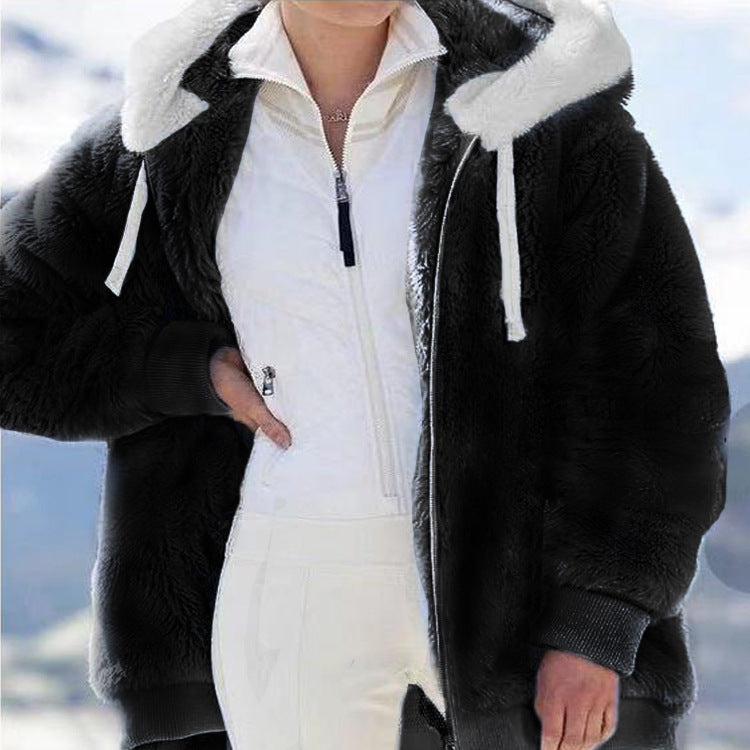 Damen-Fleecejacke mit Kapuze | Warme Oversize-Jacke mit Teddyfutter, Reißverschluss und Seitentaschen