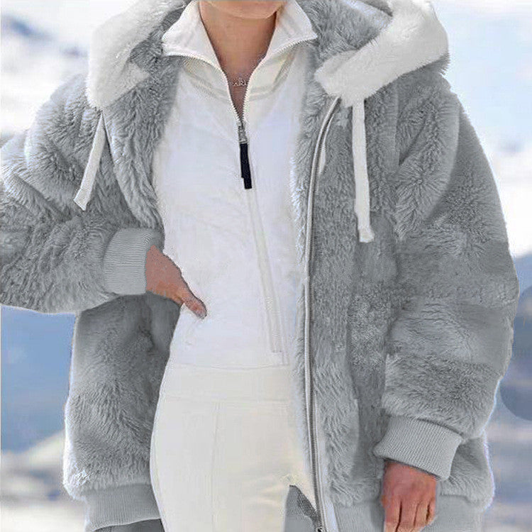 Damen-Fleecejacke mit Kapuze | Warme Oversize-Jacke mit Teddyfutter, Reißverschluss und Seitentaschen