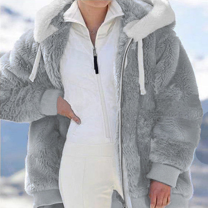 Damen-Fleecejacke mit Kapuze | Warme Oversize-Jacke mit Teddyfutter, Reißverschluss und Seitentaschen