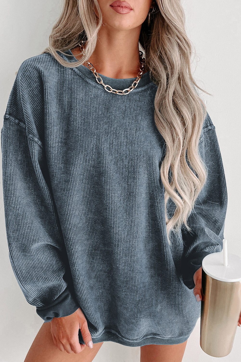 Damen Rippstrickpullover Blau mit Rundhalsausschnitt | Langer Pullover mit lockerer Passform und langen Ärmeln | Größen S–3XL