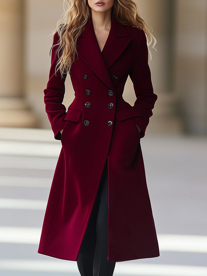 Damen Wintermantel zweireihig mit Reverskragen | Langer figurbetonter Mantel für elegante Alltagslooks und besondere Anlässe