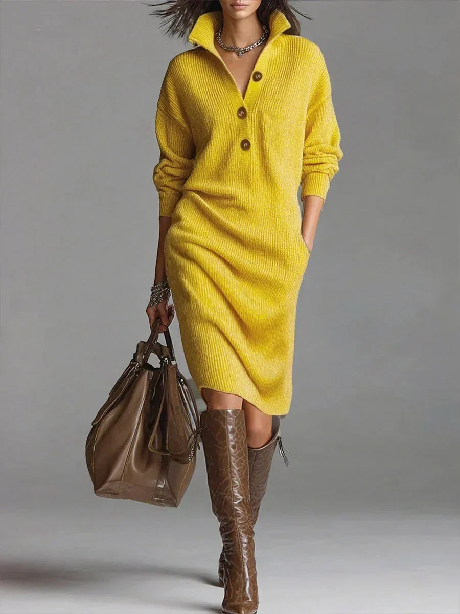 Damen Pulloverkleid Midi mit Knopfkragen | Lockerer Schnitt mit langen Ärmeln für Alltag, Freizeit und festliche Anlässe