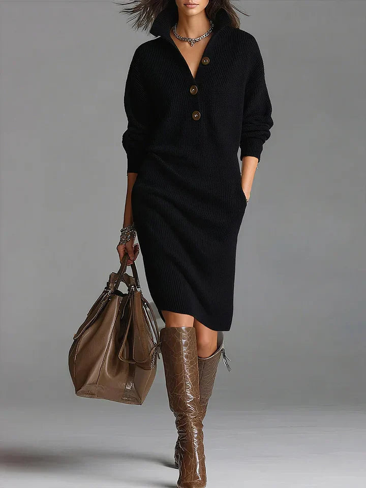 Damen Pulloverkleid Midi mit Knopfkragen | Lockerer Schnitt mit langen Ärmeln für Alltag, Freizeit und festliche Anlässe