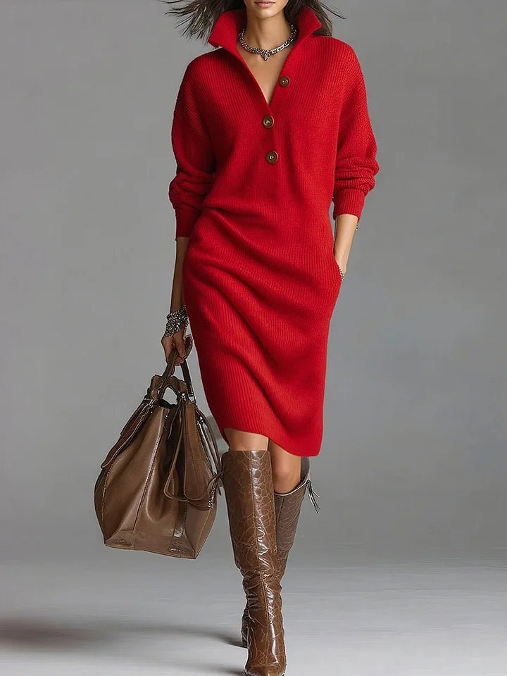 Damen Pulloverkleid Midi mit Knopfkragen | Lockerer Schnitt mit langen Ärmeln für Alltag, Freizeit und festliche Anlässe