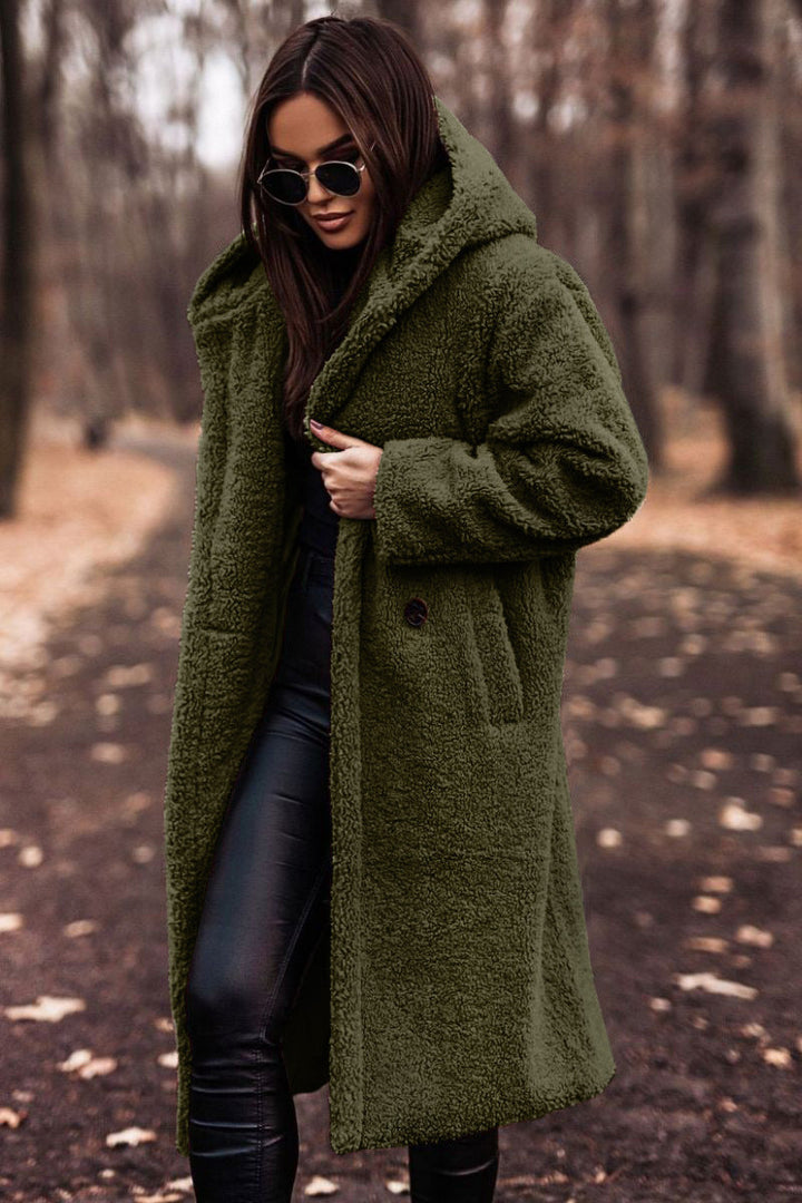 Damen Teddy Wintermantel mit Kapuze | Langer Mantel mit lockerer Passform für Alltag, Büro und kalte Wintertage