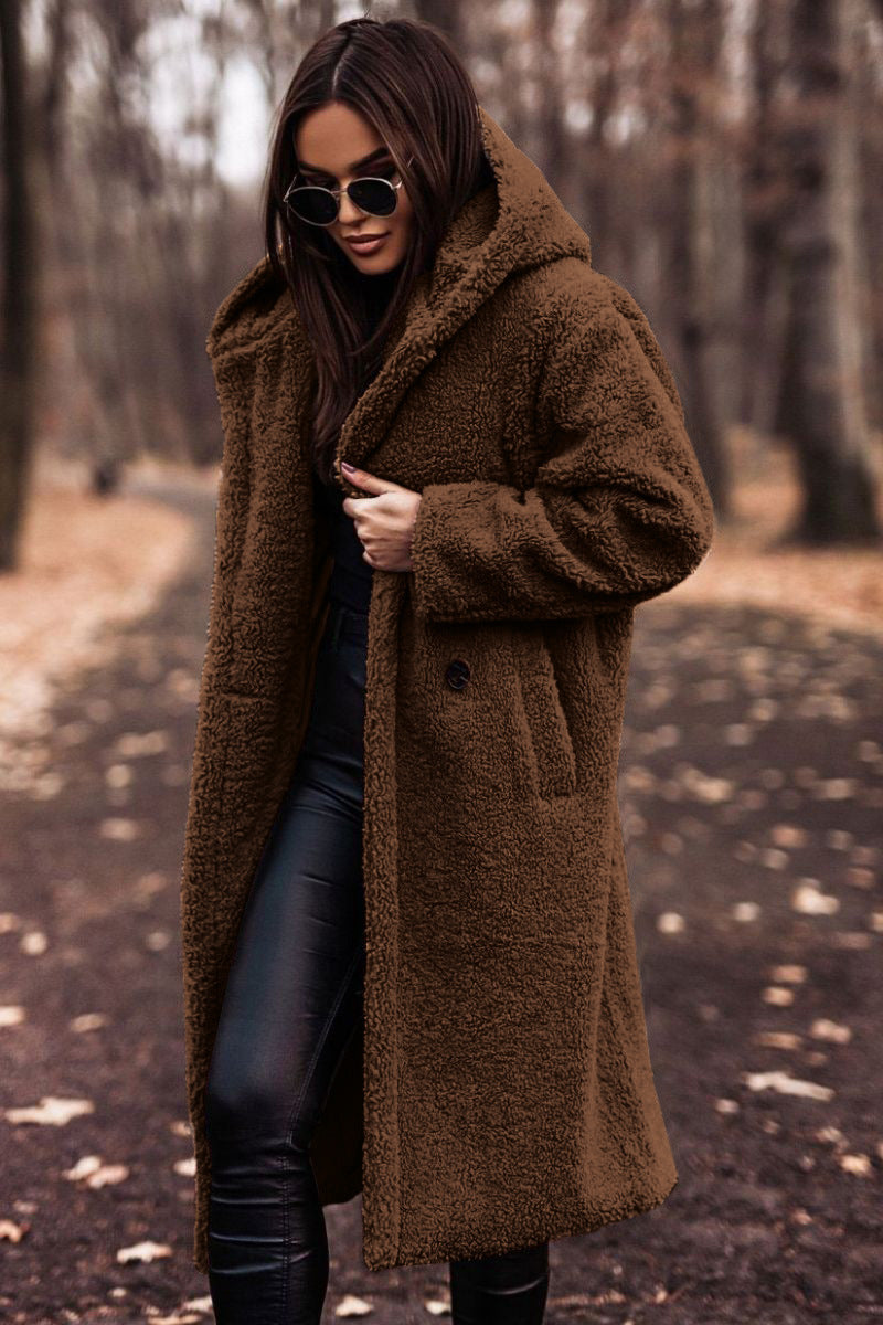 Damen Teddy Wintermantel mit Kapuze | Langer Mantel mit lockerer Passform für Alltag, Büro und kalte Wintertage