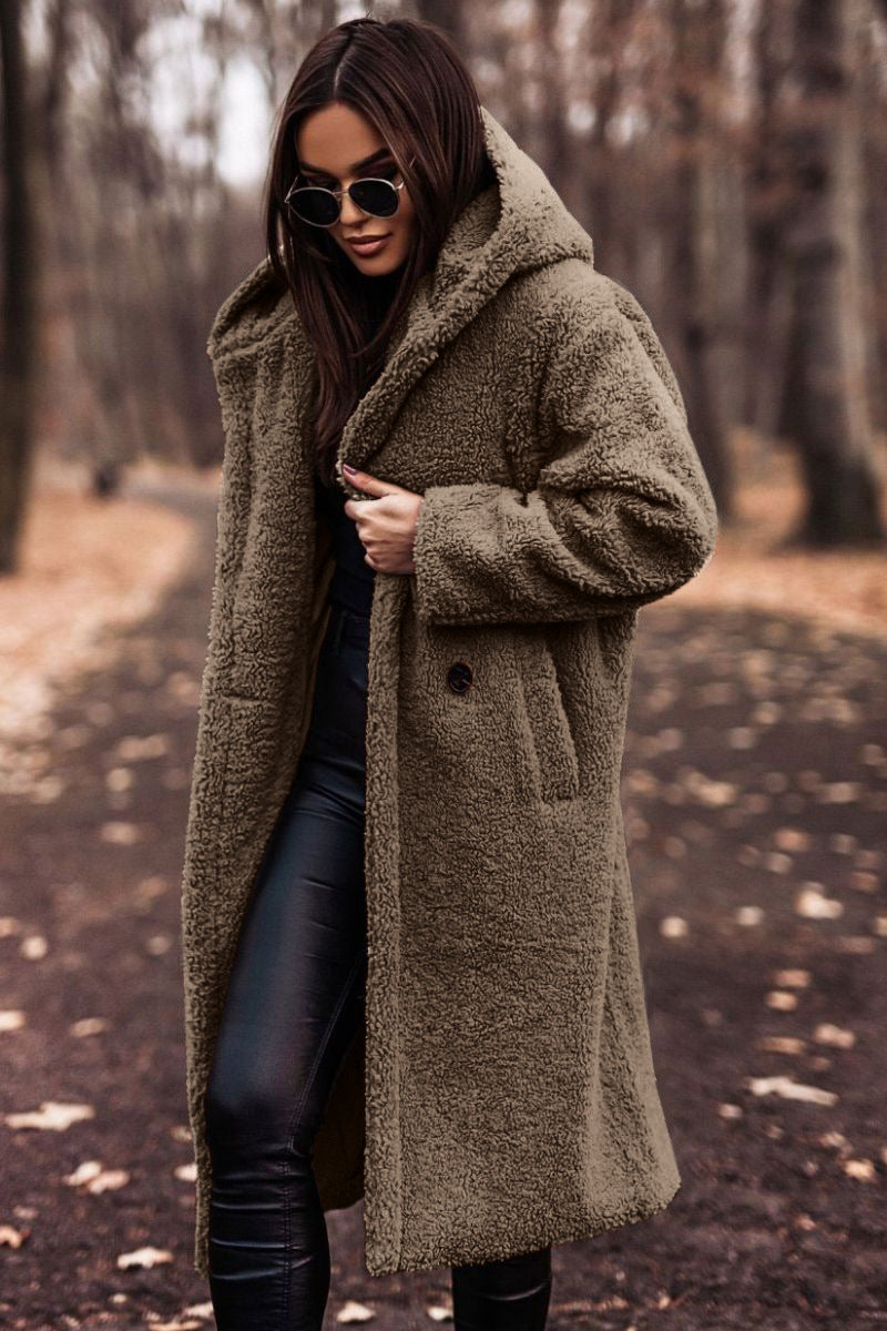 Damen Teddy Wintermantel mit Kapuze | Langer Mantel mit lockerer Passform für Alltag, Büro und kalte Wintertage