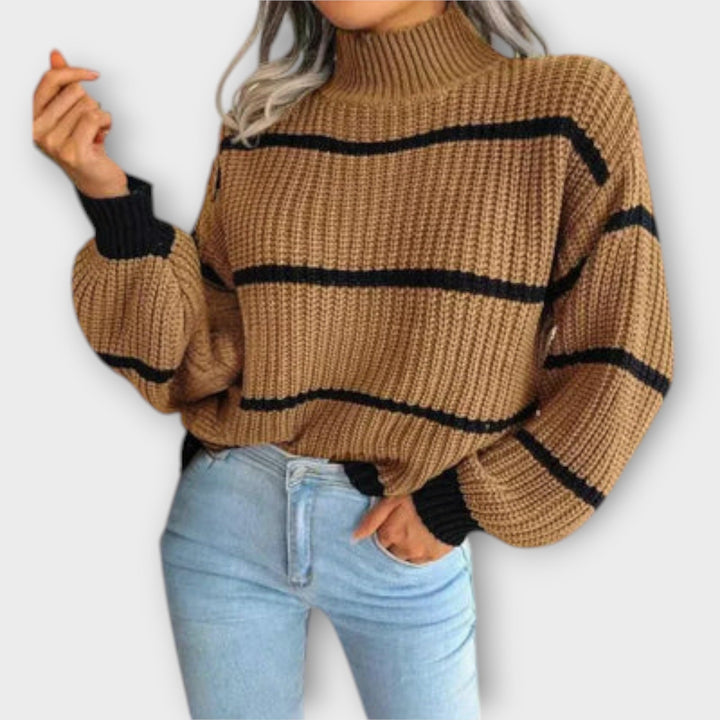 Damen Strickpullover mit hohem Kragen und Streifen | Lockere Passform für Alltag, Freizeit und vielseitige Layering-Looks