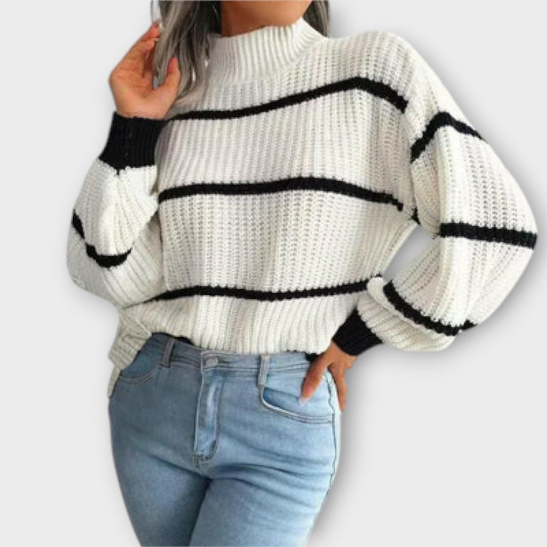 Damen Strickpullover mit hohem Kragen und Streifen | Lockere Passform für Alltag, Freizeit und vielseitige Layering-Looks