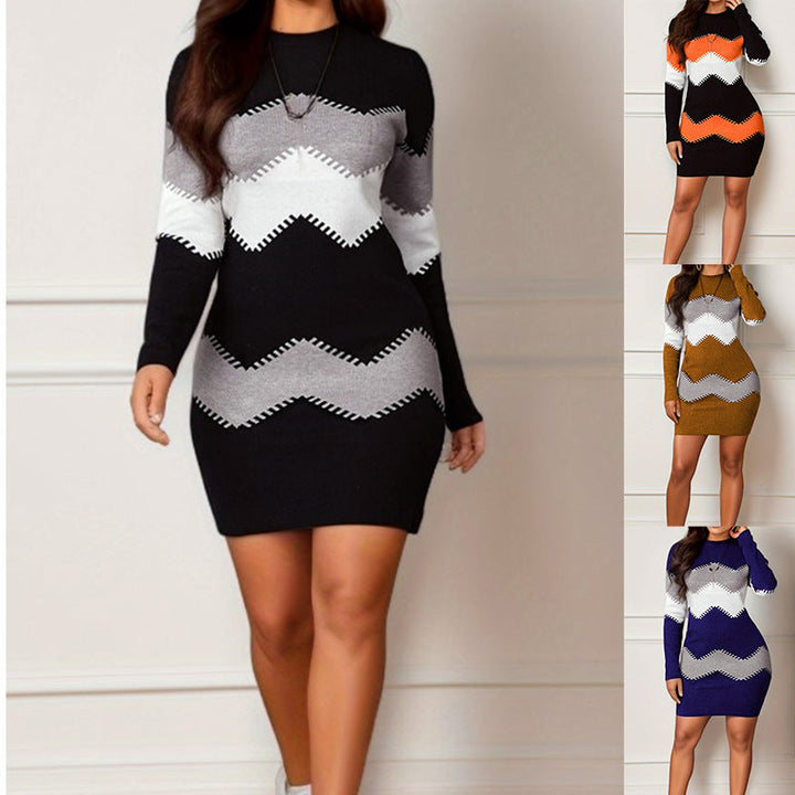 Damen Kleid kurz mit Zickzackmuster | Figurbetonter Schnitt mit Kontrastdesign und langen Ärmeln für Party und Abendlooks