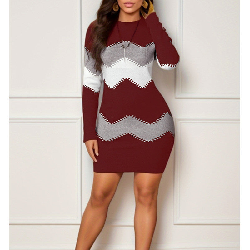 Damen Kleid kurz mit Zickzackmuster | Figurbetonter Schnitt mit Kontrastdesign und langen Ärmeln für Party und Abendlooks