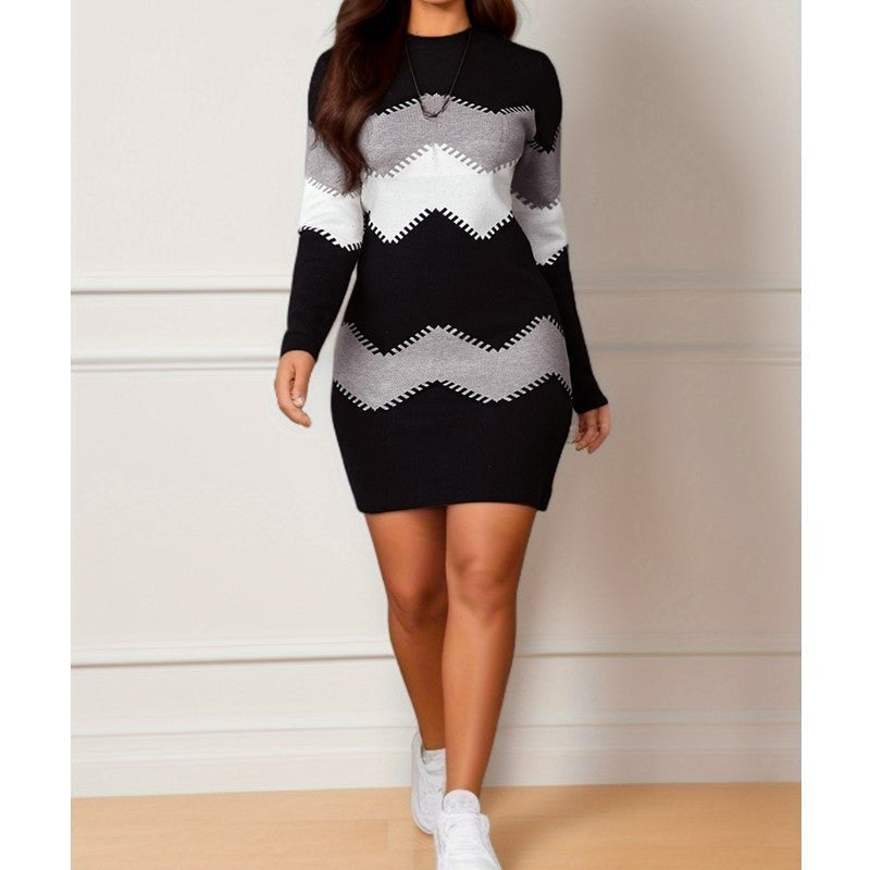 Damen Kleid kurz mit Zickzackmuster | Figurbetonter Schnitt mit Kontrastdesign und langen Ärmeln für Party und Abendlooks