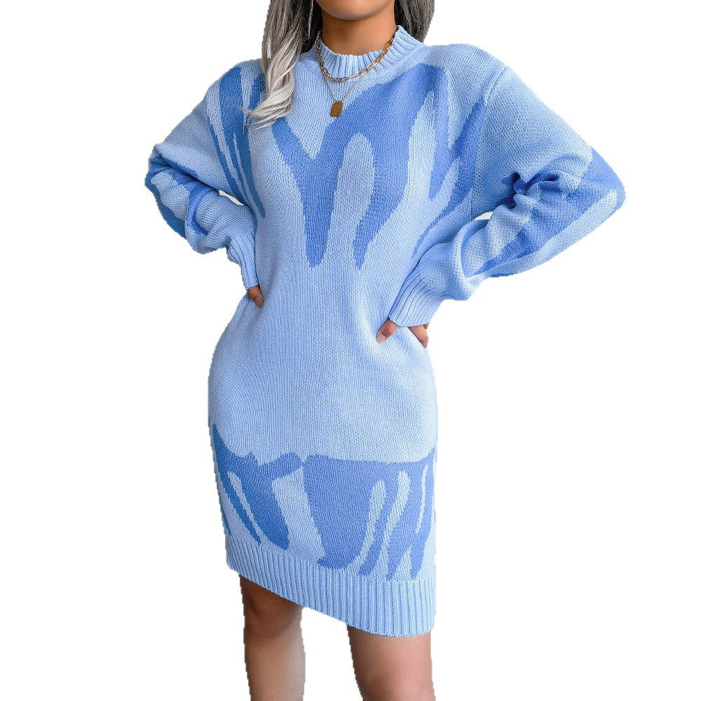 Damen Strickkleid kurz mit auffälligem Muster | Lockerer Schnitt mit langen Ärmeln für Freizeit, Stadtbummel und Abendlooks