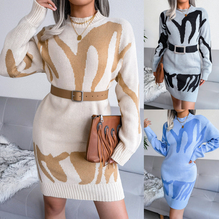 Damen Strickkleid kurz mit auffälligem Muster | Lockerer Schnitt mit langen Ärmeln für Freizeit, Stadtbummel und Abendlooks
