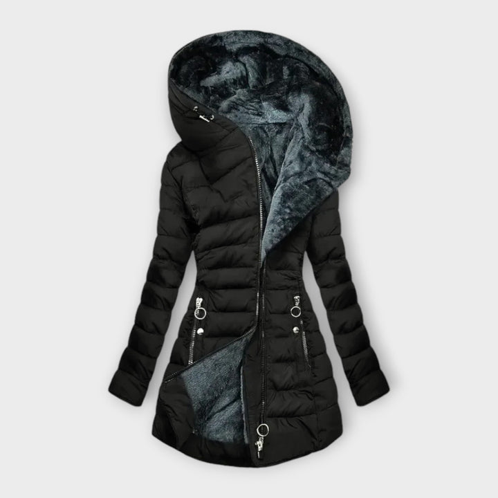 Damen Winterjacke mit Kapuze | Taillierte Jacke mit durchgehendem Reißverschluss und Seitentaschen für Alltag und Spaziergänge