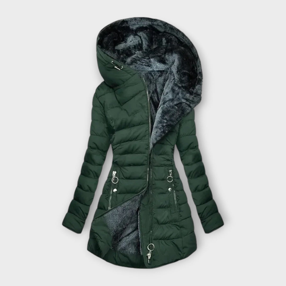 Damen Winterjacke mit Kapuze | Taillierte Jacke mit durchgehendem Reißverschluss und Seitentaschen für Alltag und Spaziergänge