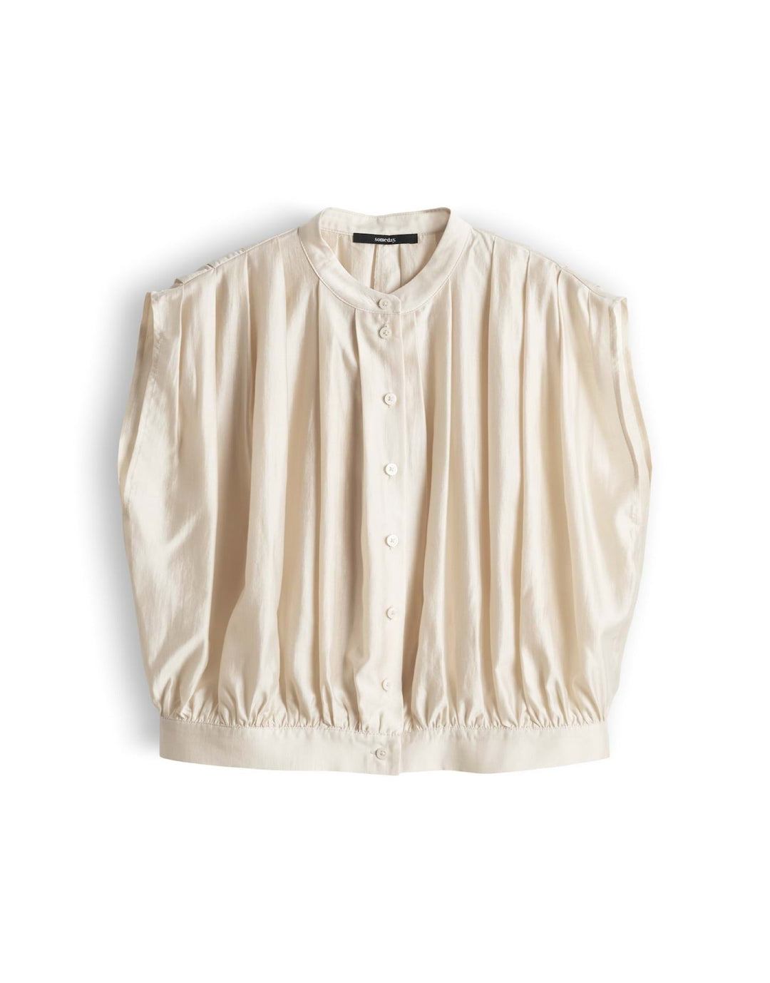 Damen Bluse | Bluse mit Drapierung, Rundhalsausschnitt, Knopfleiste und kurzen Ärmeln