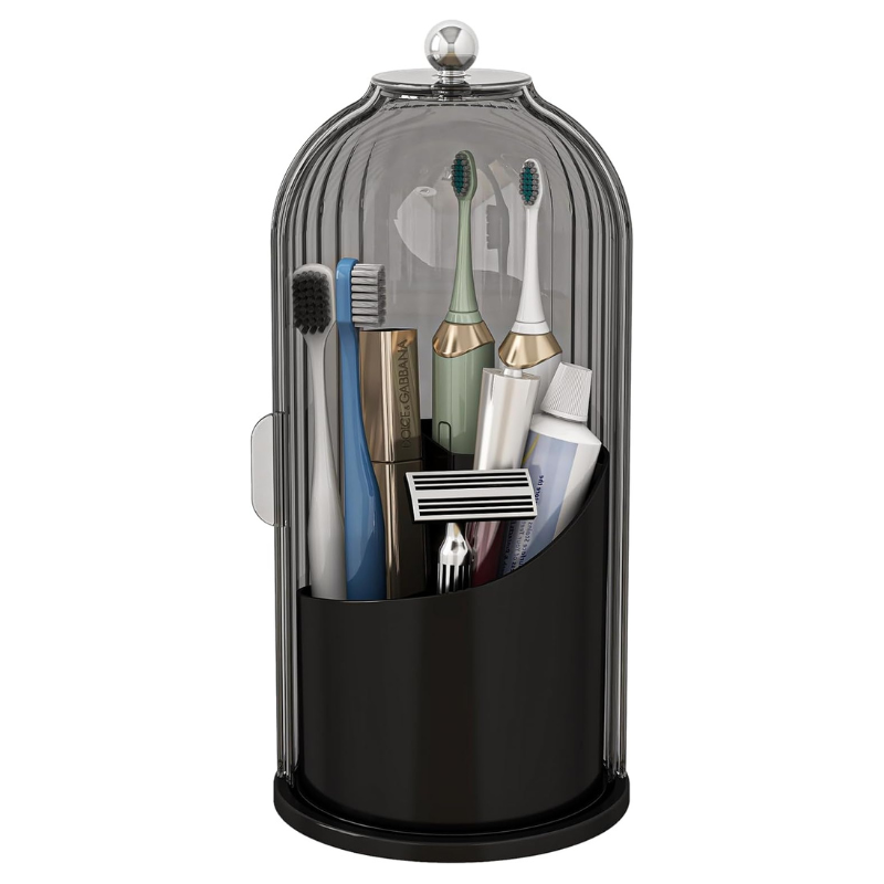 360° Drehbarer Bad Organizer mit Staubschutzdeckel | Kosmetik- &amp; Zahnbürstenhalter mit 3 Fächern | Badezimmer Aufbewahrung 27 × 13 × 27 cm