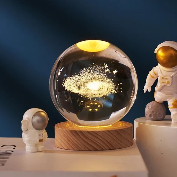 Boule de cristal 3D système solaire | Gravure laser | Option avec base lumineuse LED et boîte cadeau