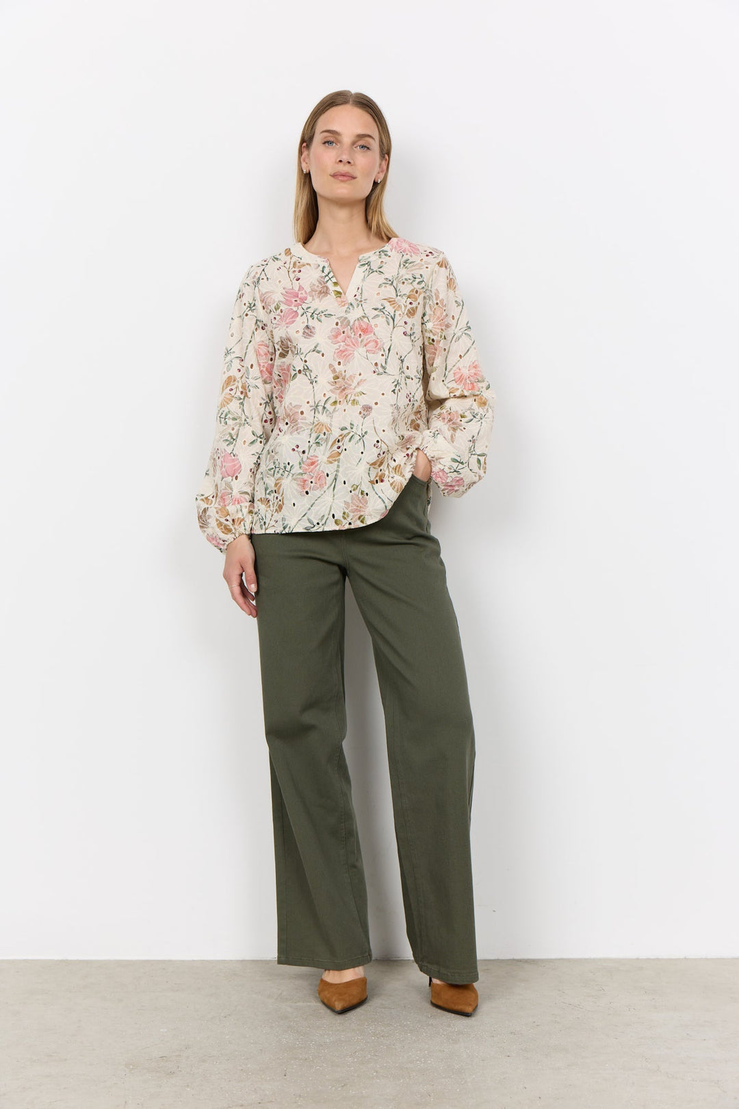 Damen Bluse | Bluse mit V-Ausschnitt, langen Ärmeln und floralem Muster