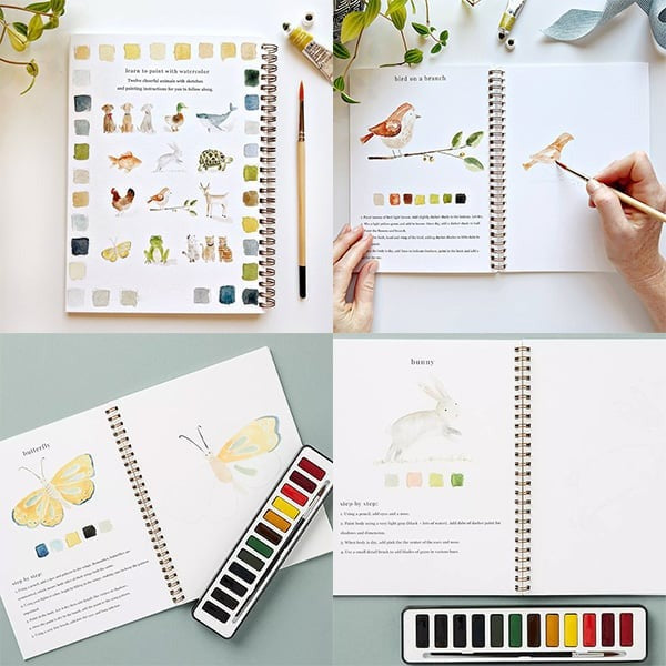 Cahier de travail aquarelle pour débutants | 12 motifs avec guide étape par étape | Papier 120 lb, 6,5"×9", mélange et peinture