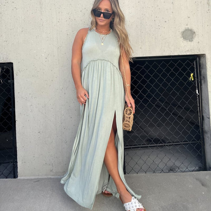 Damen Maxikleid mit Schlitz | luftiges Sommer Tankkleid mit Empire-Taille | Stufenrock &amp; Spitzensaum | locker fallend
