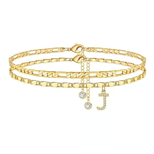 Chaîne de cheville lettres multicouches et réglable | Hypoallergénique, sans nickel ni plomb | Or/argent | 21,5 cm + 5 cm