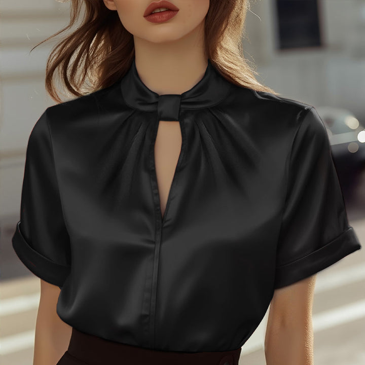Damen Satinbluse | Elegante Kurzarmbluse mit Schlüssellochausschnitt, hochgeschlossenem Kragen und Knotenakzent für Büro und Abendlooks