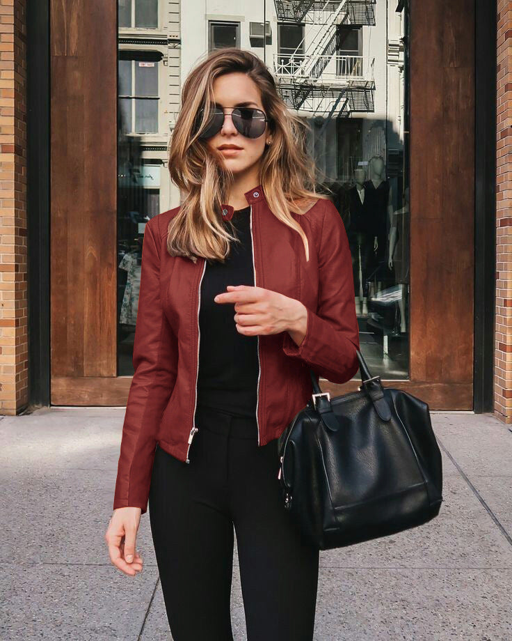 Lederjacke Damen | Taillierter Schnitt mit Stehkragen, Zwei-Wege-Reißverschluss und Innenfutter für die Übergangszeit