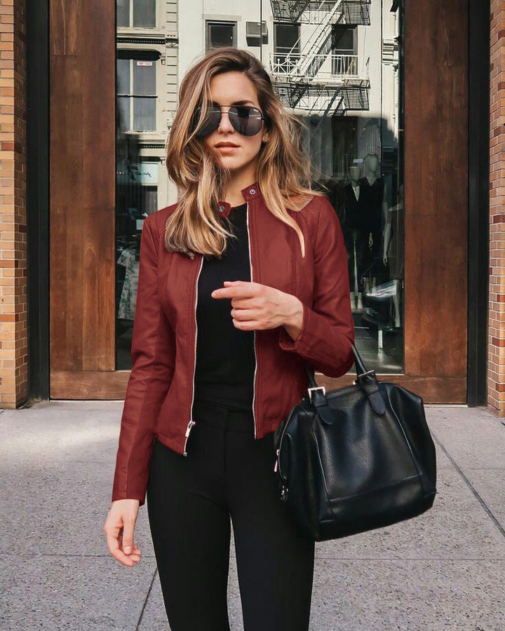 Lederjacke Damen | Taillierter Schnitt mit Stehkragen, Zwei-Wege-Reißverschluss und Innenfutter für die Übergangszeit