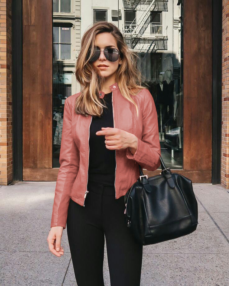 Lederjacke Damen | Taillierter Schnitt mit Stehkragen, Zwei-Wege-Reißverschluss und Innenfutter für die Übergangszeit