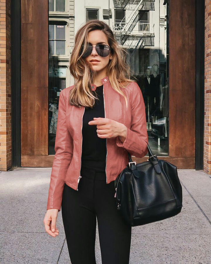 Damen Lederjacke mit Stehkragen | Taillierte Jacke mit Zwei-Wege-Reißverschluss und seitlichen Reißverschlusstaschen