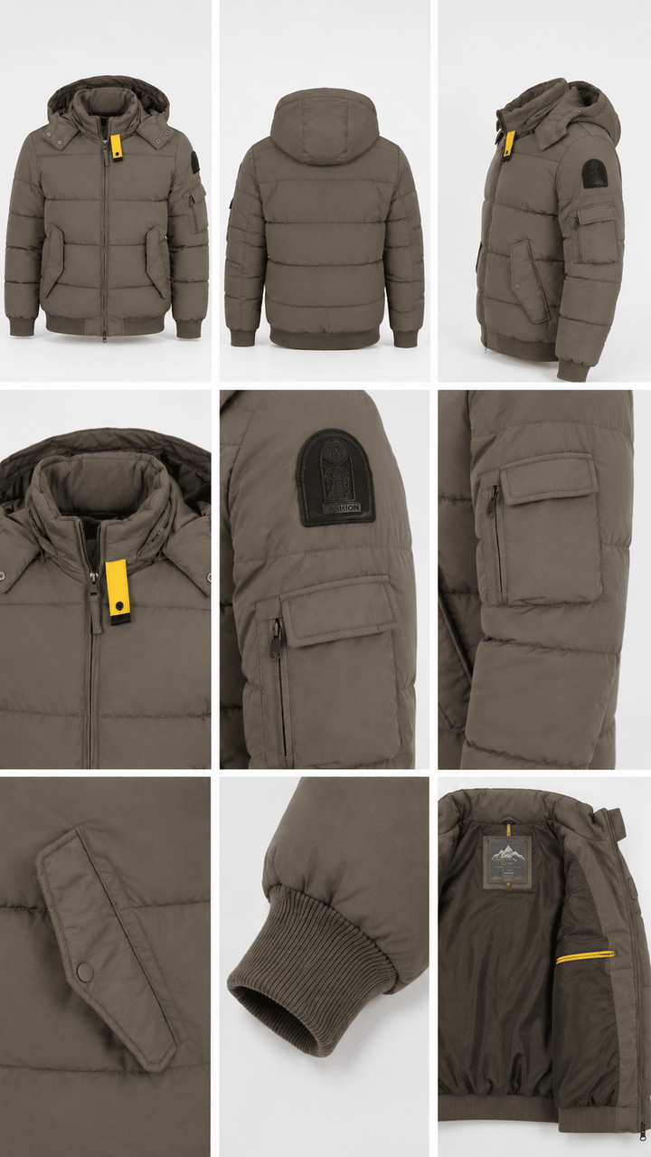Herren Winterjacke Khaki mit Kapuze | Sehr warm gefütterte Jacke mit Innen-, Seiten- und Ärmeltasche | Größen M–XXL