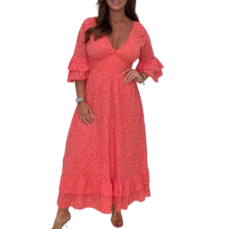 Damen Midikleid V-Ausschnitt mit hoher Taille | Bestickte Ärmel, elastischer Bund | Luftig aus Baumwolle | Elegant &amp; Alltag