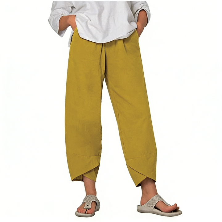 Damen Vintage Hose mit asymmetrischem Gummibund | Hohe Taille &amp; Seitentaschen | Lockerer Schnitt, Baumwoll-Polyester, Sommer